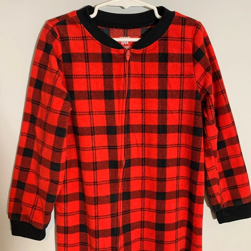 5/$25 Carters Red Black Buffalo‎ Plaid Fleece Footed Pajamas Sleepwear Kids 5T